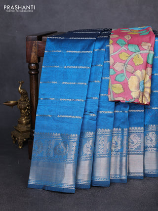 Mangalgiri silk cotton saree blue and maroon shade with allover silver zari weaves and annam silver zari woven border
