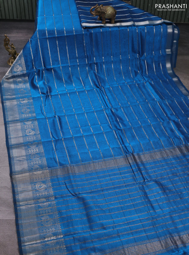 Mangalgiri silk cotton saree blue and maroon shade with allover silver zari weaves and annam silver zari woven border