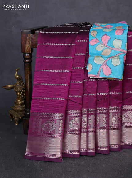 Mangalgiri silk cotton saree dark magenta pink and teal blue with allover silver zari weaves and annam silver zari woven border