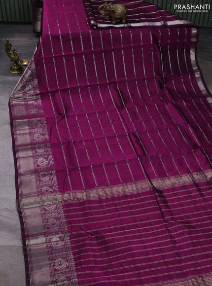 Mangalgiri silk cotton saree dark magenta pink and teal blue with allover silver zari weaves and annam silver zari woven border