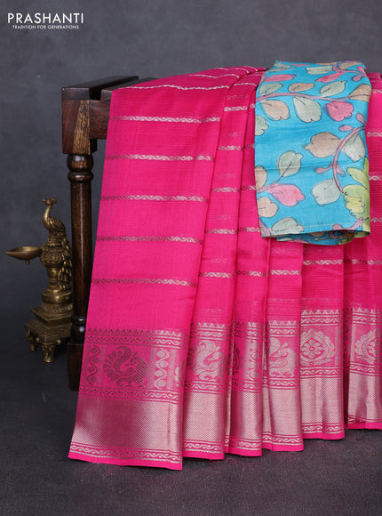 Mangalgiri silk cotton saree pink and blue with allover silver zari weaves and annam silver zari woven border