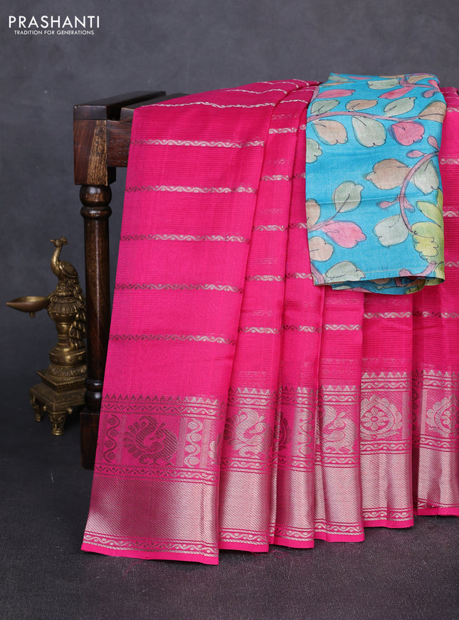Mangalgiri silk cotton saree pink and blue with allover silver zari weaves and annam silver zari woven border