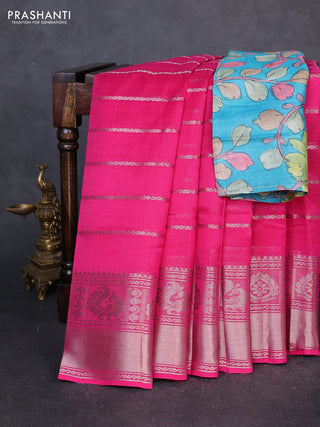 Mangalgiri silk cotton saree pink and blue with allover silver zari weaves and annam silver zari woven border