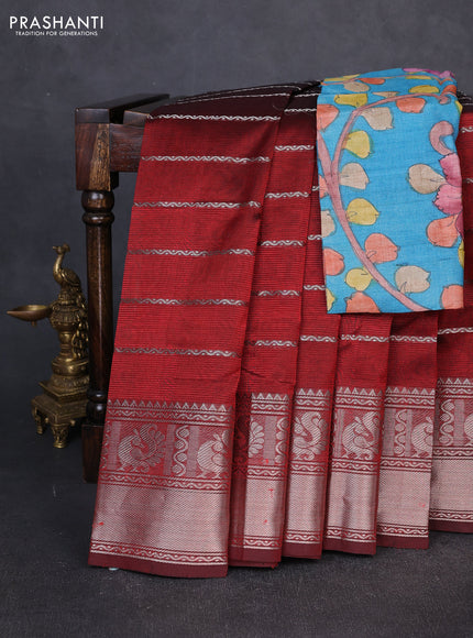 Mangalgiri silk cotton saree maroon and blue with allover silver zari weaves and annam silver zari woven border
