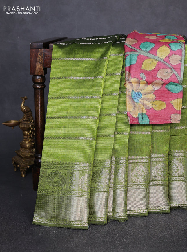 Mangalgiri silk cotton saree light green and pink with allover silver zari weaves and long silver zari woven border