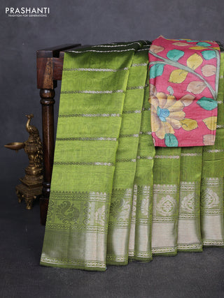 Mangalgiri silk cotton saree light green and pink with allover silver zari weaves and long silver zari woven border