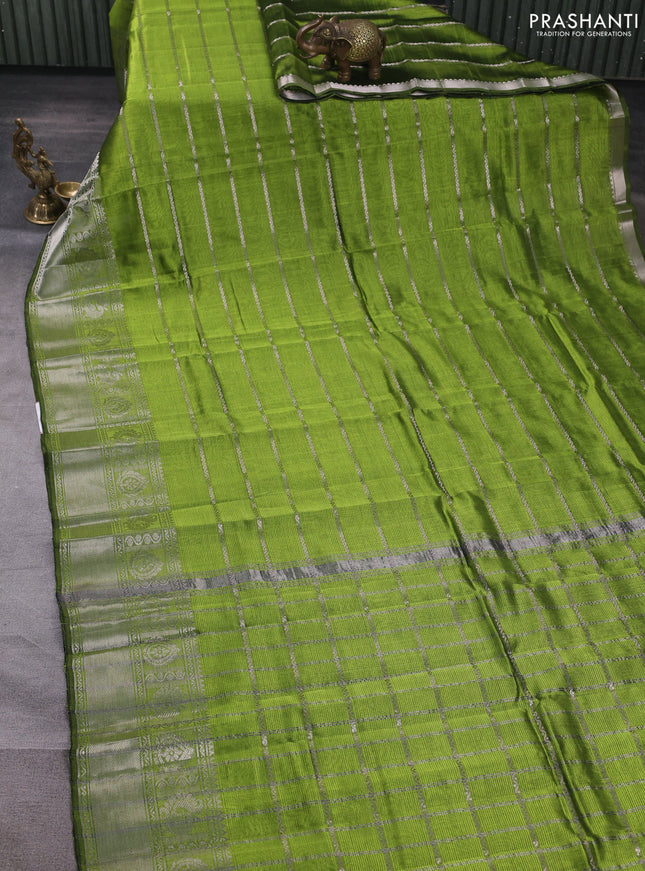 Mangalgiri silk cotton saree light green and pink with allover silver zari weaves and long silver zari woven border
