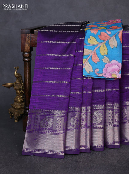 Mangalgiri silk cotton saree violet and cs blue with allover silver zari weaves and annam silver zari woven border