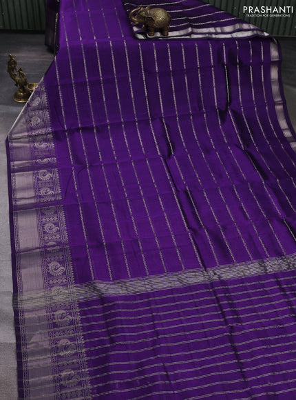 Mangalgiri silk cotton saree violet and cs blue with allover silver zari weaves and annam silver zari woven border
