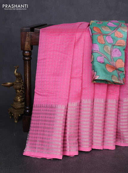 Mangalgiri silk cotton saree light pink and green with allover silver zari checked pattern and long temple design silver zari woven border