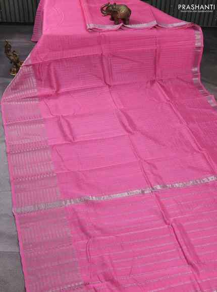 Mangalgiri silk cotton saree light pink and green with allover silver zari checked pattern and long temple design silver zari woven border