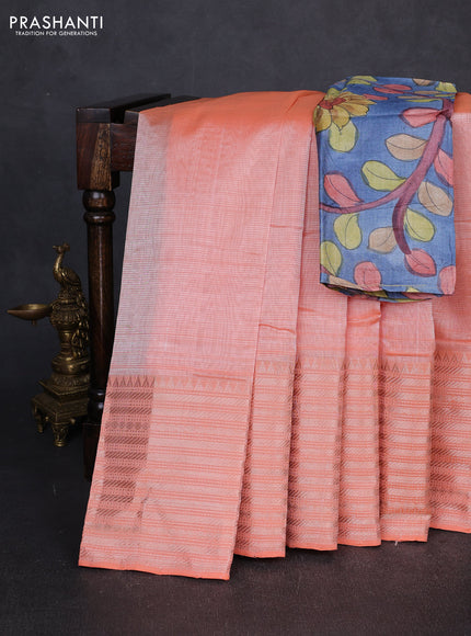 Mangalgiri silk cotton saree peach orange and bluish grey with plain body and long temple design silver zari woven border