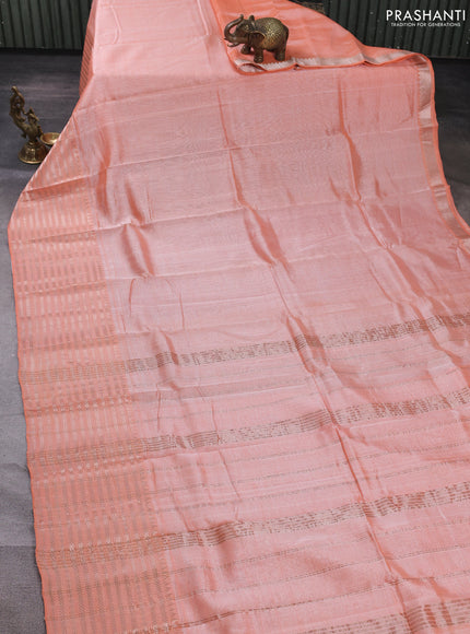 Mangalgiri silk cotton saree peach orange and bluish grey with plain body and long temple design silver zari woven border