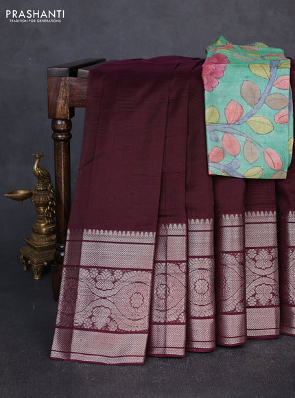 Mangalgiri silk cotton saree deep wine and green with plain body and long temple design silver zari woven border