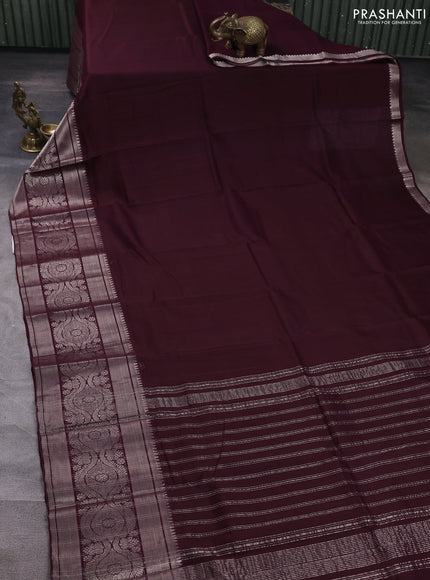 Mangalgiri silk cotton saree deep wine and green with plain body and long temple design silver zari woven border