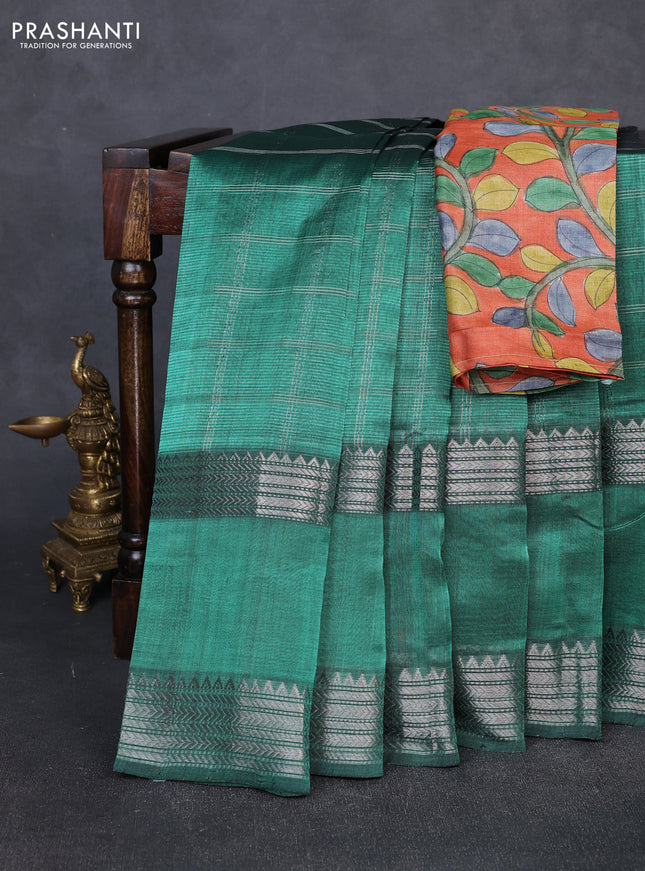 Mangalgiri silk cotton saree green and orange with allover silver zari checked pattern and rettapet silver zari woven border