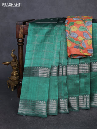 Mangalgiri silk cotton saree green and orange with allover silver zari checked pattern and rettapet silver zari woven border