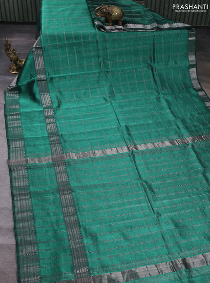 Mangalgiri silk cotton saree green and orange with allover silver zari checked pattern and rettapet silver zari woven border