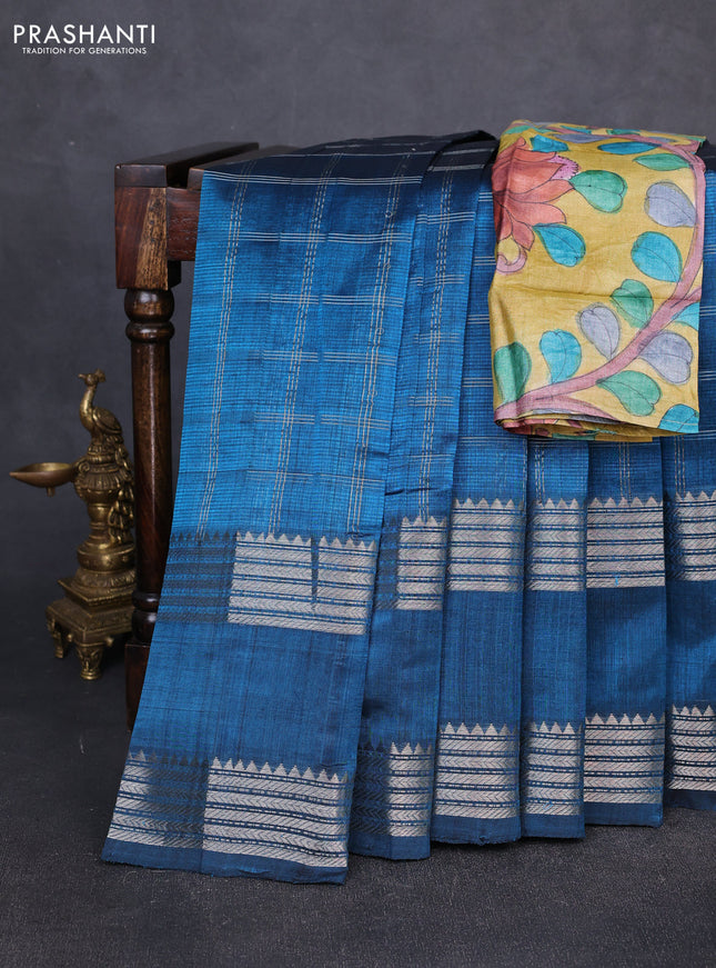 Mangalgiri silk cotton saree peacock blue and mustard yellow with allover silver zari checked pattern and rettapet silver zari woven border
