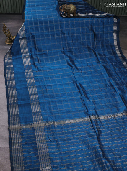 Mangalgiri silk cotton saree peacock blue and mustard yellow with allover silver zari checked pattern and rettapet silver zari woven border