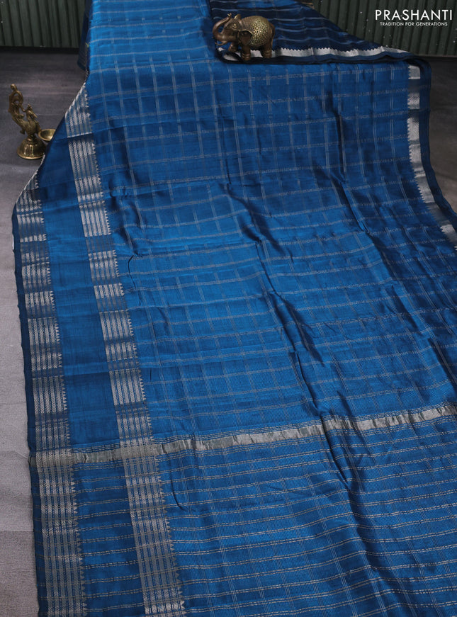 Mangalgiri silk cotton saree peacock blue and mustard yellow with allover silver zari checked pattern and rettapet silver zari woven border