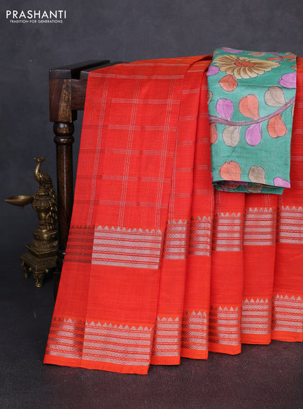 Mangalgiri silk cotton saree orange and green with allover silver zari checked pattern and rettapet silver zari woven border