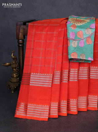 Mangalgiri silk cotton saree orange and green with allover silver zari checked pattern and rettapet silver zari woven border