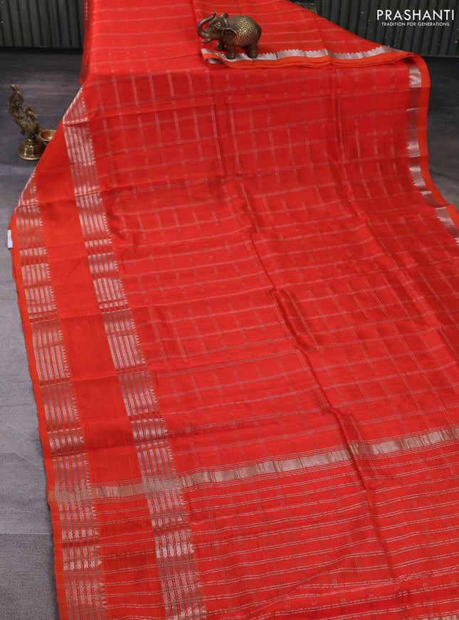 Mangalgiri silk cotton saree orange and green with allover silver zari checked pattern and rettapet silver zari woven border