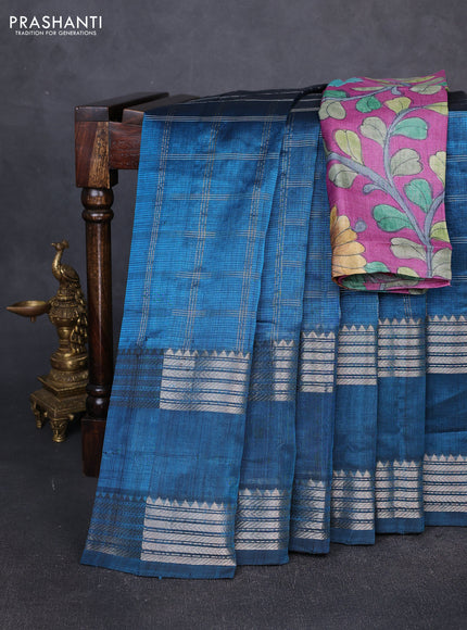 Mangalgiri silk cotton saree peacock blue and purple with allover silver zari checked pattern and rettapet silver zari woven border