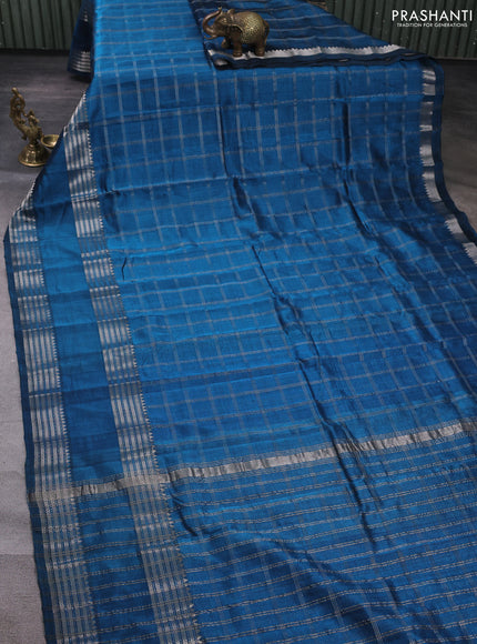 Mangalgiri silk cotton saree peacock blue and purple with allover silver zari checked pattern and rettapet silver zari woven border