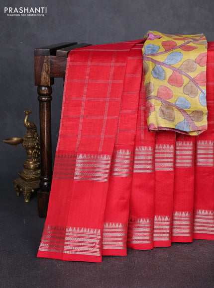Mangalgiri silk cotton saree red and mustard yellow with allover silver zari checked pattern and rettapet silver zari woven border