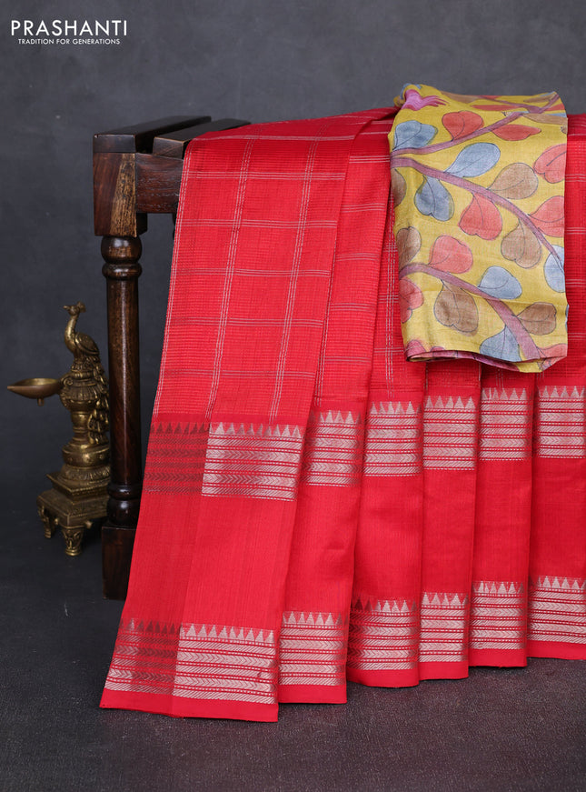 Mangalgiri silk cotton saree red and mustard yellow with allover silver zari checked pattern and rettapet silver zari woven border