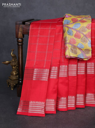 Mangalgiri silk cotton saree red and mustard yellow with allover silver zari checked pattern and rettapet silver zari woven border