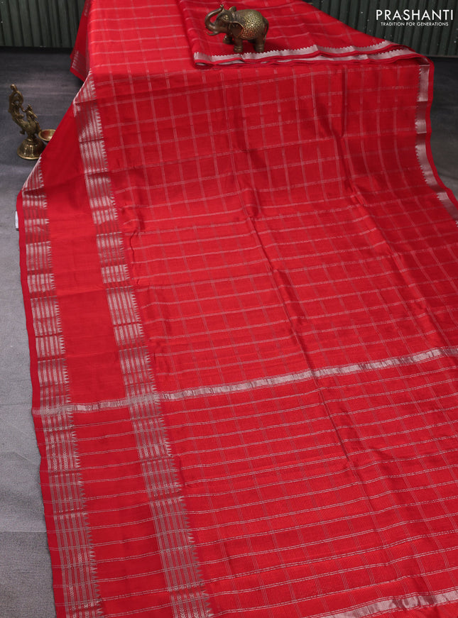 Mangalgiri silk cotton saree red and mustard yellow with allover silver zari checked pattern and rettapet silver zari woven border
