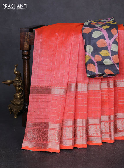 Mangalgiri silk cotton saree peach orange and dark grey with allover silver zari weaves and long annam silver zari woven border