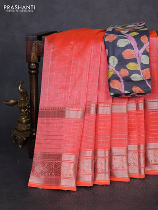 Mangalgiri silk cotton saree peach orange and dark grey with allover silver zari weaves and long annam silver zari woven border