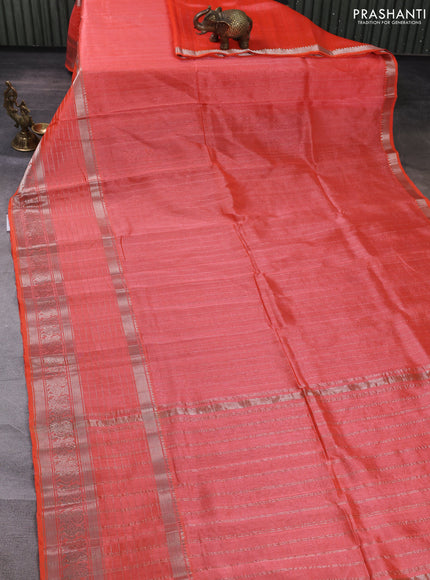 Mangalgiri silk cotton saree peach orange and dark grey with allover silver zari weaves and long annam silver zari woven border