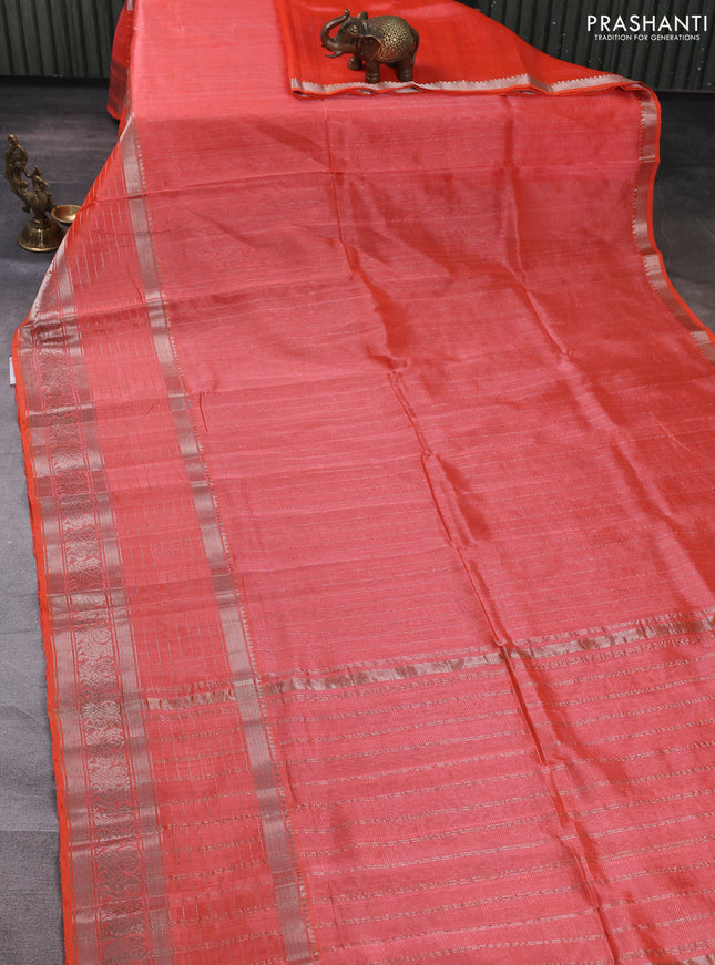 Mangalgiri silk cotton saree peach orange and dark grey with allover silver zari weaves and long annam silver zari woven border