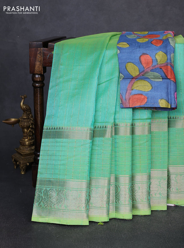 Mangalgiri silk cotton saree teal green and bluish grey with allover silver zari weaves and long annam silver zari woven border