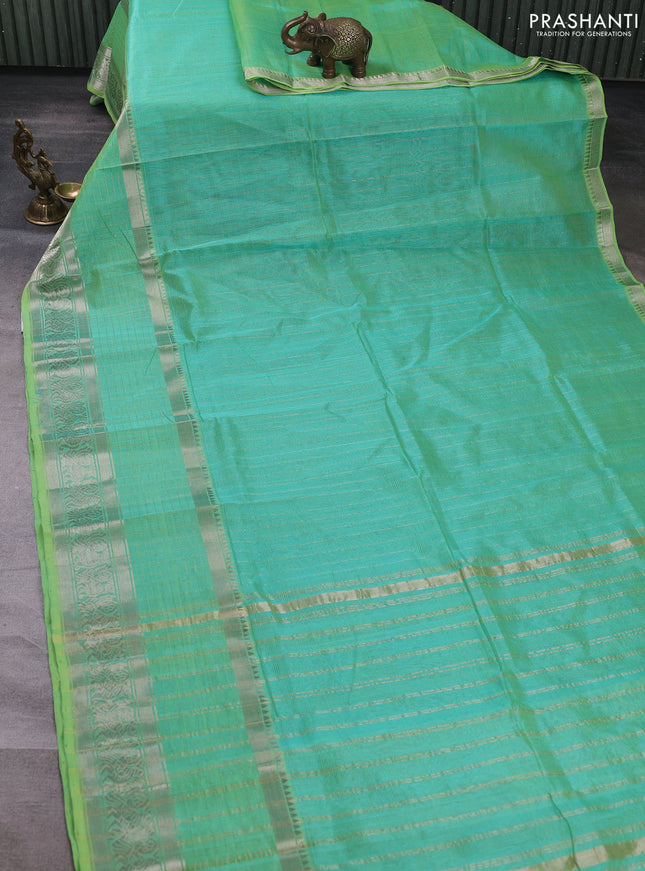 Mangalgiri silk cotton saree teal green and bluish grey with allover silver zari weaves and long annam silver zari woven border