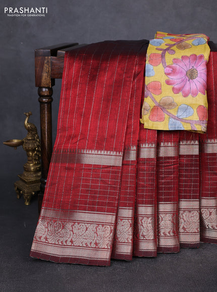 Mangalgiri silk cotton saree maroon and mustard yellow with allover silver zari weaves and long annam silver zari woven border