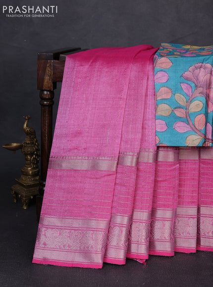 Mangalgiri silk cotton saree light pink and teal blue with allover silver zari weaves and long annam silver zari woven border