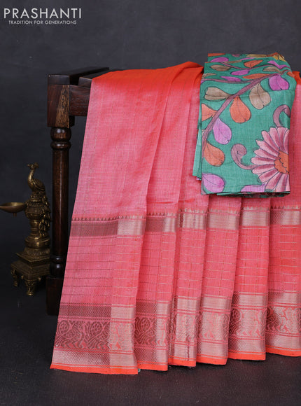 Mangalgiri silk cotton saree peach orange and green with plain body and long silver zari woven border