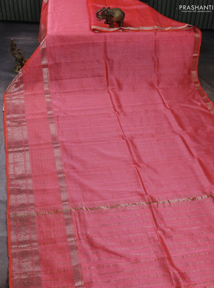 Mangalgiri silk cotton saree peach orange and green with plain body and long silver zari woven border