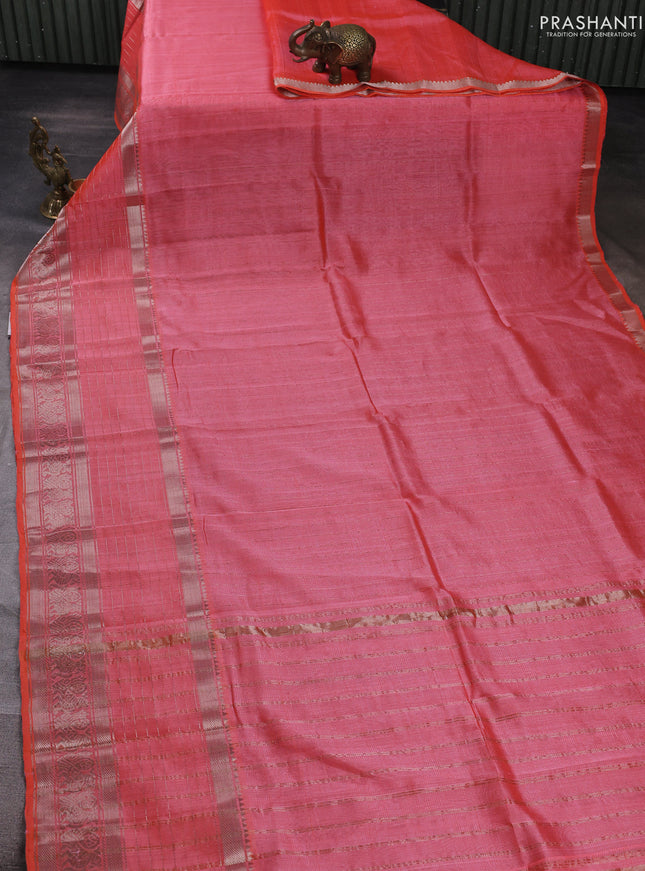 Mangalgiri silk cotton saree peach orange and green with plain body and long silver zari woven border