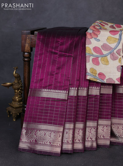 Mangalgiri silk cotton saree purple and beige with allover silver zari weaves and long annam silver zari woven border
