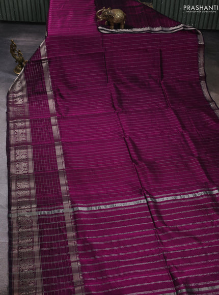 Mangalgiri silk cotton saree purple and beige with allover silver zari weaves and long annam silver zari woven border