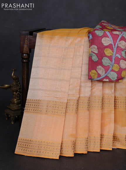 Mangalgiri silk cotton saree pale yellow and maroon shade with allover silver zari checked pattern and rettapet silver zari woven border