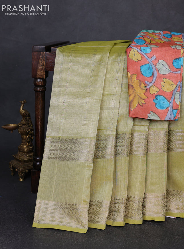 Mangalgiri silk cotton saree light green and orange with allover silver zari checked pattern and rettapet silver zari woven border