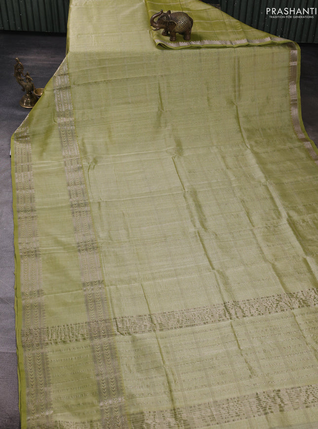 Mangalgiri silk cotton saree light green and orange with allover silver zari checked pattern and rettapet silver zari woven border